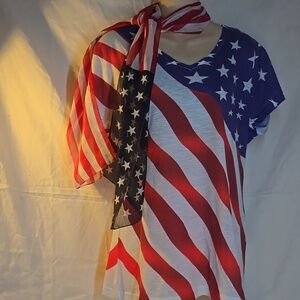 Women’s Short Sleeve American Flag Tee - Red, White & Blue  Scarf Free With Purc